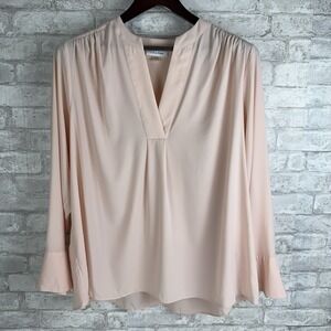 Calvin Klein Popover V-Neck Top Pink Long Sleeve Lightweight Career‎ Office 2x